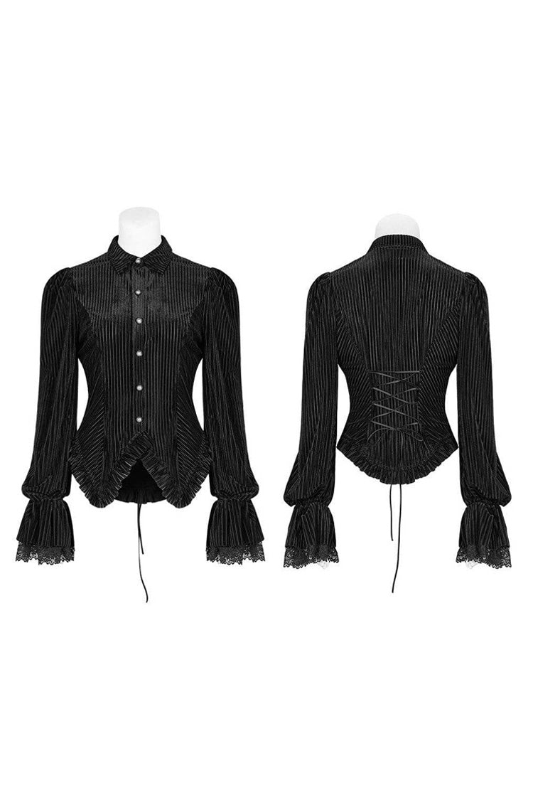 Striped Velvet Metal Retro Button Lace Cuff Back Waist Lace Up Women's Gothic Blouse - Product - 10