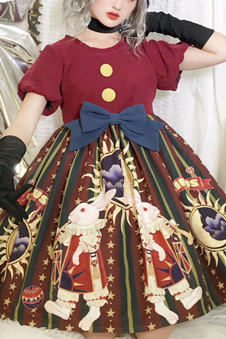 Antique Doll Print Christmas Bowknot Sweet Lolita OP Dress - Red - 1