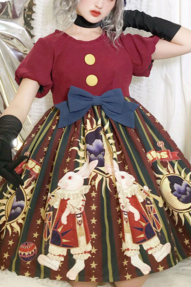 Antique Doll Print Christmas Bowknot Sweet Lolita OP Dress - Red - 1