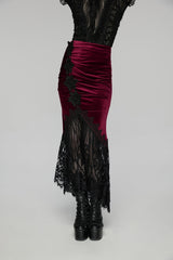 Black/Red Embroidered Lace Slim Women's Gothic Fishtail Velvet Skirt - Product - 5