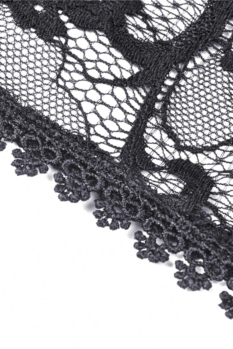 Black Long Puff Sleeves Sheer Floral Lace Lace-Up Women's Gothic Cape - Product - 16