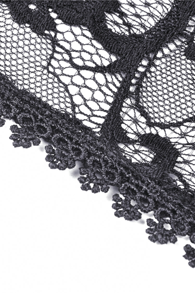 Black Long Puff Sleeves Sheer Floral Lace Lace-Up Women's Gothic Cape - Product - 16
