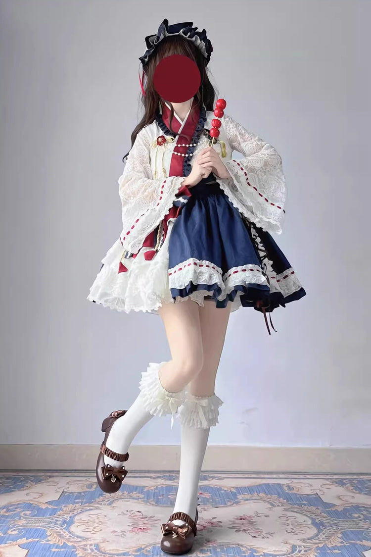 Red/White/Blue Hime Sleeves Ruffle Bowknot Japanese Princess Sweet Lolita Dress Skirt Set - Product - 3