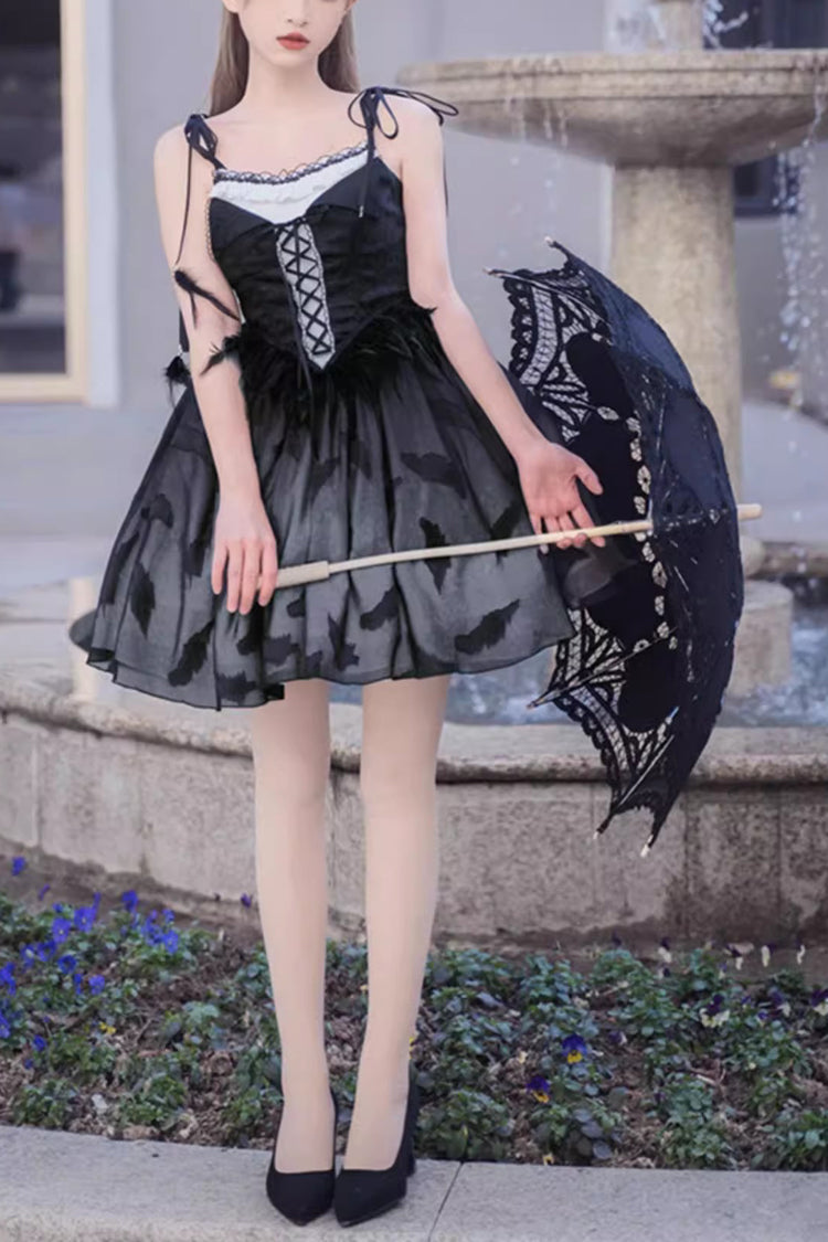 Silent Melody Elegant Black Swan Ballet Feather Print Gothic Lolita Jsk Dress - Black - 1