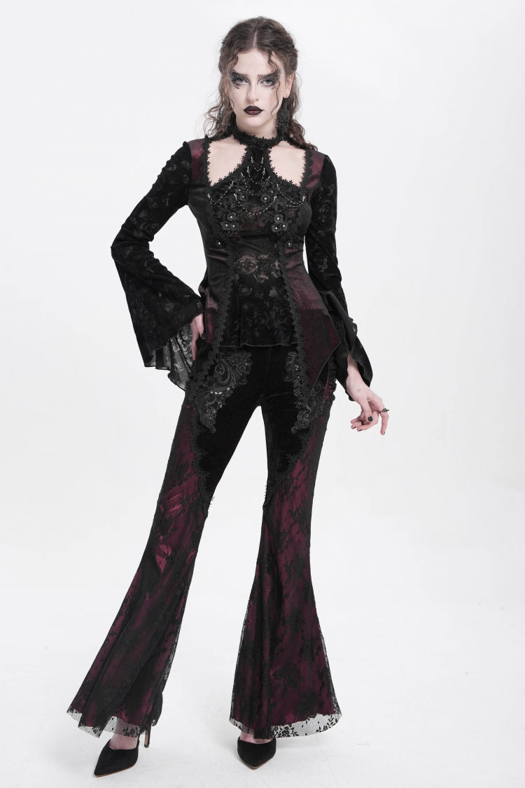 Red Floral Embroidery Stitching Lace Women's Gothic Pants - Product - 6