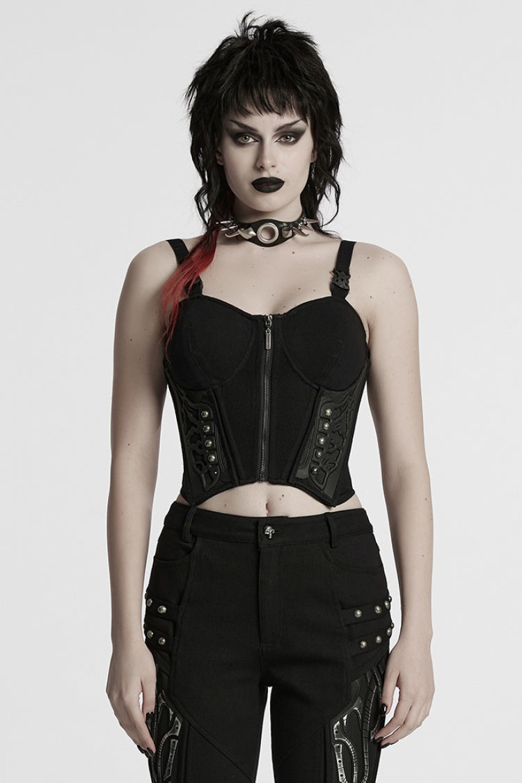 Black Sleeveless Lace-Up Rivet Buckle Women's Punk Vest - Black - 1