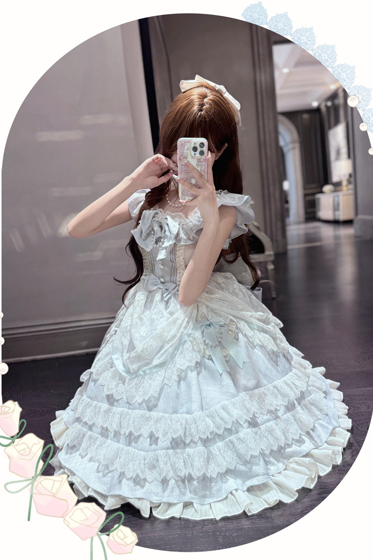 Blue [Fairy Tale Advent] Multi-Layered Ruffle Bowknot Lace Sweet Princess Gorgeous Lolita Tiered Dress - Product - 7