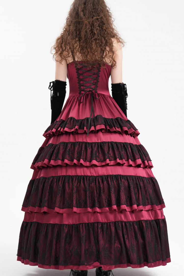 Red Multi-Layered Ruffle Lace-Up Mesh Women's Gothic Dress - Product - 3