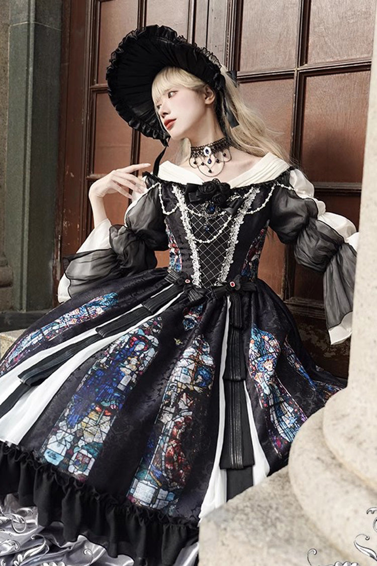 Black Stained Window Print Ruffle Bowknot Gothic Elegant Lolita Jsk Dress - Product - 14