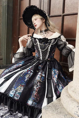 Black Stained Window Print Ruffle Bowknot Gothic Elegant Lolita Jsk Dress - Product - 14