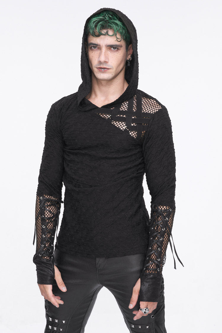 Black Lace Up Mesh Splice Long Sleeve Men's Punk Hoodies - Product - 2