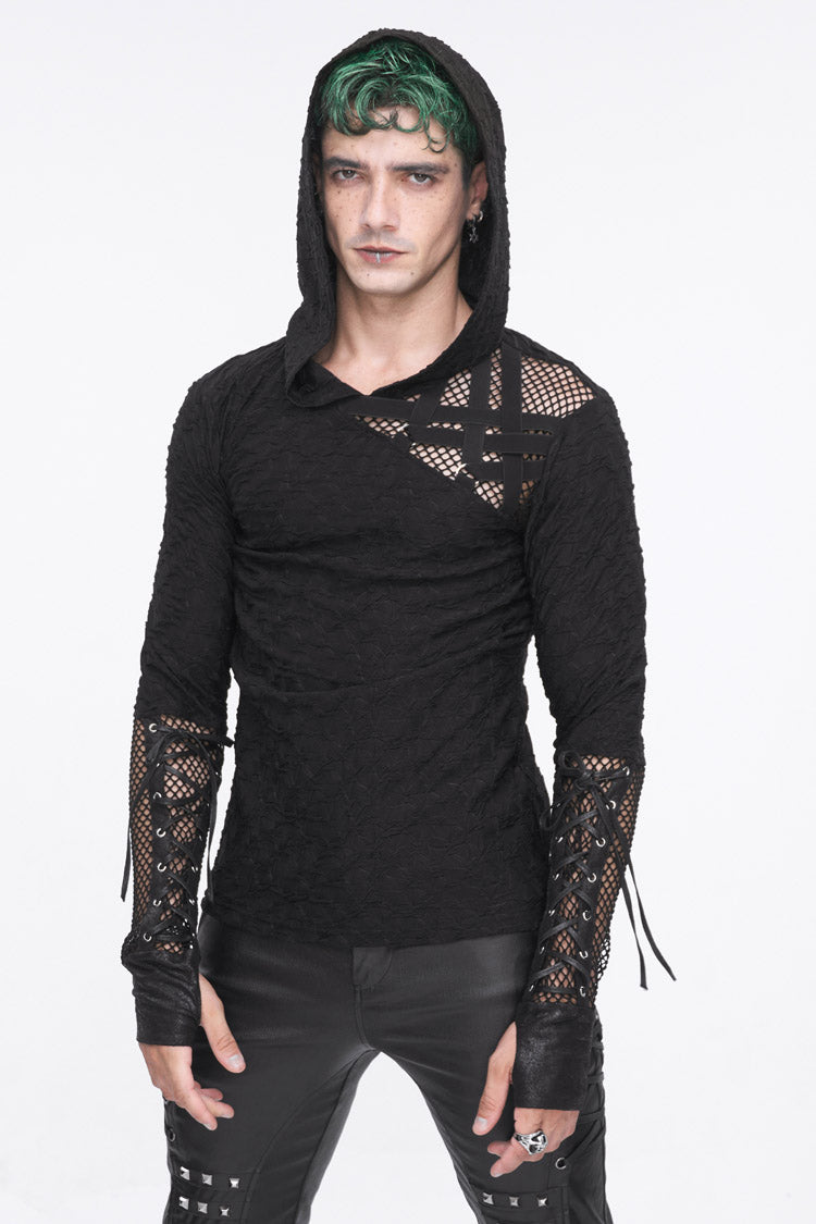 Black Lace Up Mesh Splice Long Sleeve Men's Punk Hoodies - Product - 2