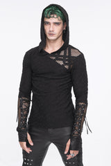 Black Lace Up Mesh Splice Long Sleeve Men's Punk Hoodies - Product - 2