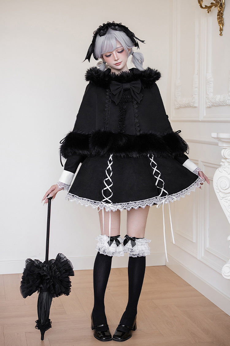 Black/White [Rose Doll] Square Collar Long Sleeves Bowknot Lace-Up Gothic Lolita Dress Set 2 Versions - Product - 21