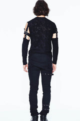 Black Leather Loop Sleeve Irregular Jacquard Knitted Chest Lace Up Removable Men's Punk Shirt - Product - 7