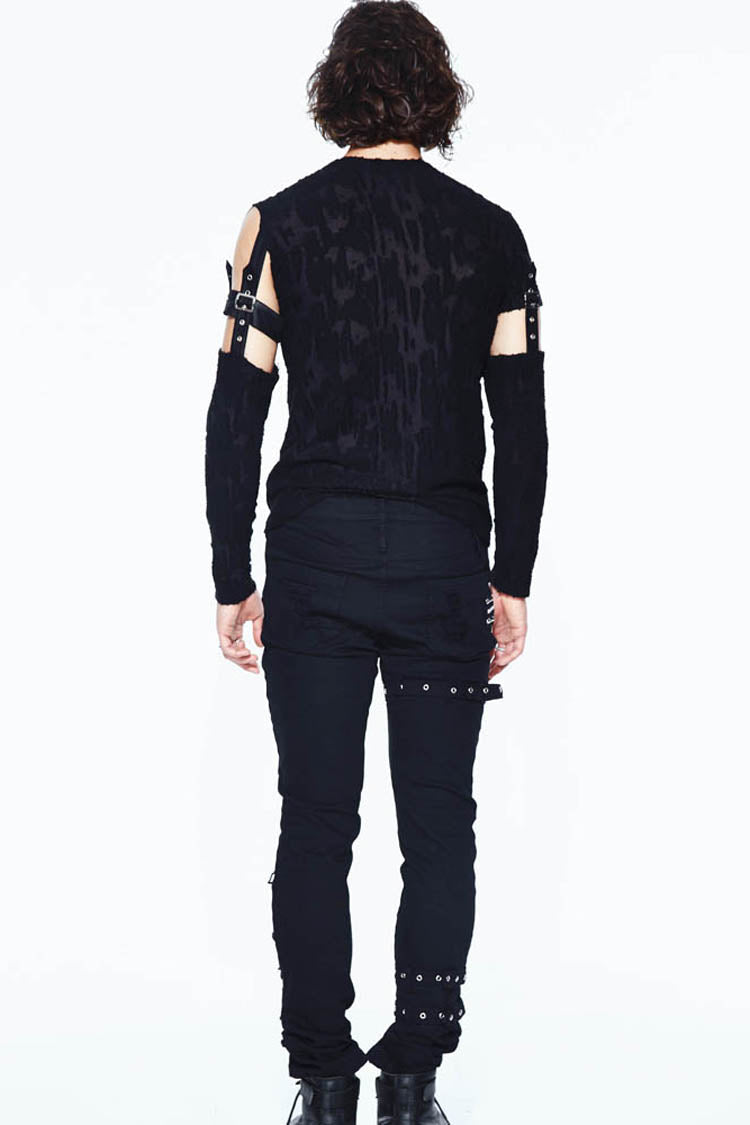 Black Leather Loop Sleeve Irregular Jacquard Knitted Chest Lace Up Removable Men's Punk Shirt - Product - 7