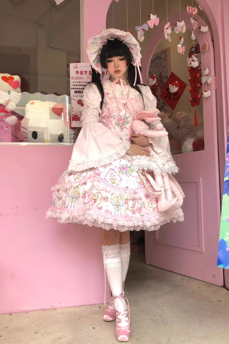 White/Pink Sleeveless Flower Wall Print Ruffle Bowknot Lace Sweet Lolita Jsk Dress - Product - 6