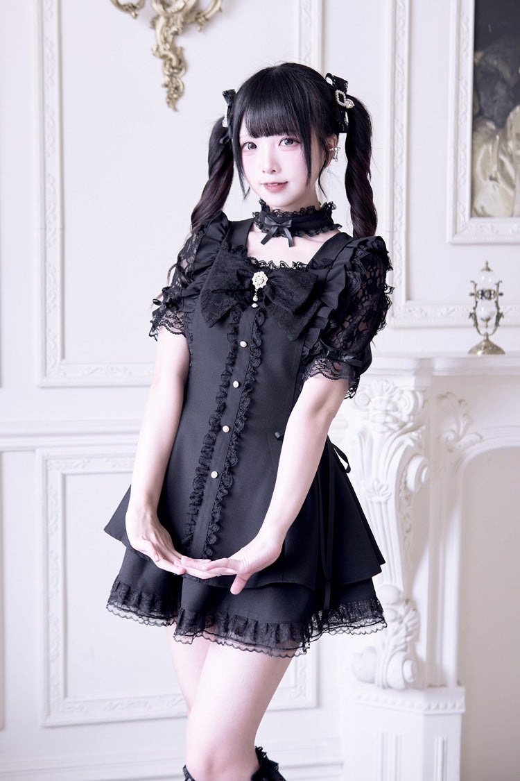 Black [Waltz] Short Sleeves Ruffle Bowknot Gothic Jirai Kei Japanese Dress Set - Product - 5