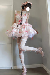 White/Pink Multi-layer Ruffle Ballet Bowknot Sweet Lolita Jsk Dress - Product - 5