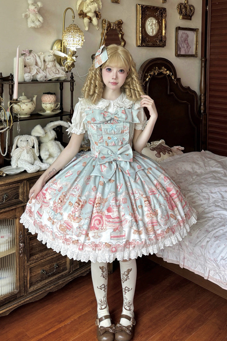 [Berry Dessert Bear] Printed Square Collar Sleeveless Ruffled Bow Casual Sweet Lolita Jsk Dress 2 Colors (Blue, Pink ) - Blue - 2