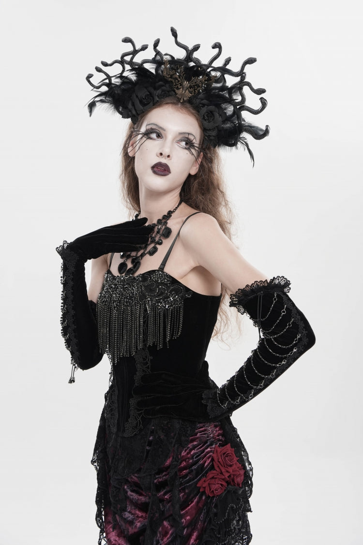 Black Lace-Up Women's Gothic Embroidered Tassels  Overbust Corset - Product - 12