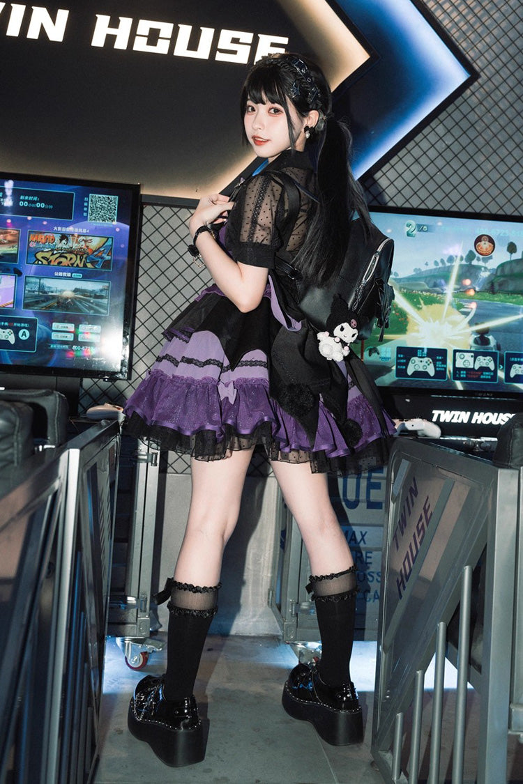 Black/Purple [Cotton Cloud] Lapel Collar Ruffle Bowknot Lace-Up Gothic Lolita Jsk Dress - Product - 7