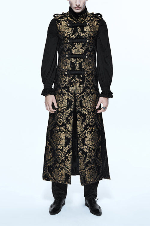 Black And Gold Court Floral Gothic Mens Long Coat - Black/Gold - 1
