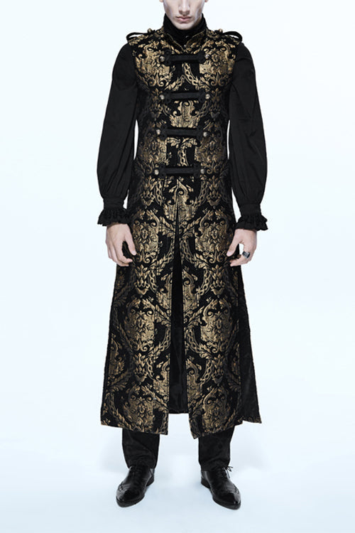 Black And Gold Court Floral Gothic Mens Long Coat - Black/Gold - 1