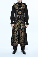 Black And Gold Court Floral Gothic Mens Long Coat - Black/Gold - 1