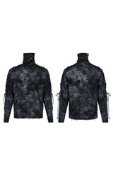 Black/Blue Punk Post Apocalyptic Turtleneck Tattered Tie Dye Print Lace Up Long Sleeve Men's T-Shirt - Product - 5