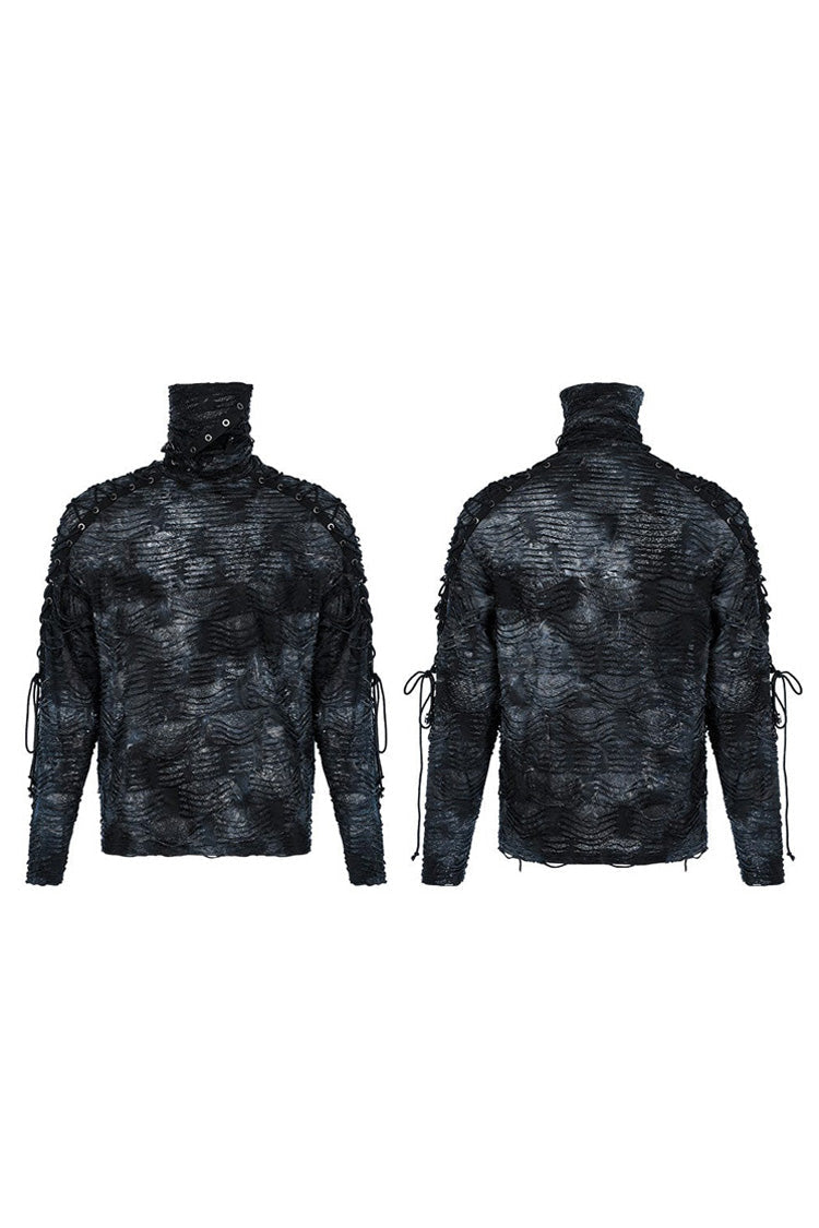 Black/Blue Punk Post Apocalyptic Turtleneck Tattered Tie Dye Print Lace Up Long Sleeve Men's T-Shirt - Product - 5