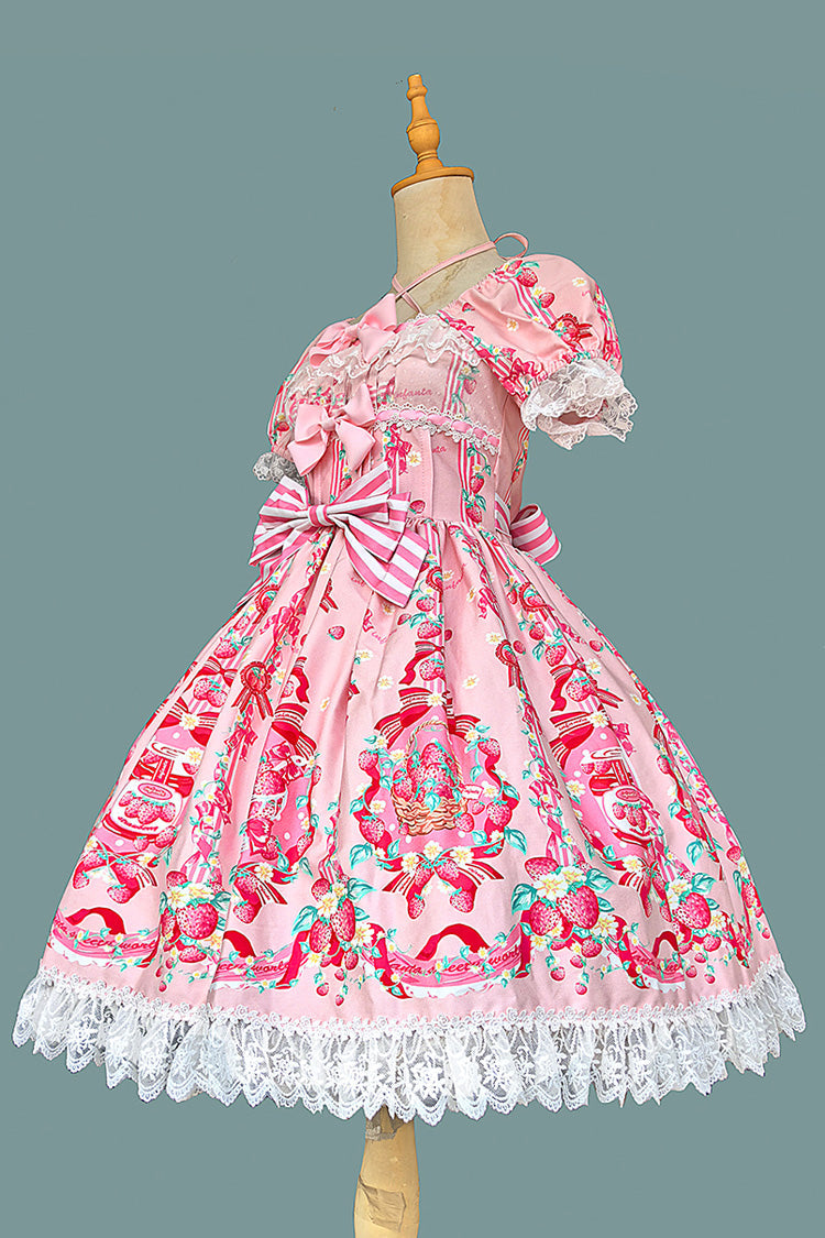 [Strawberry Chef] Short Sleeves Print Bowknot Lace Sweet Lolita Dress 4 Colors - Product - 2