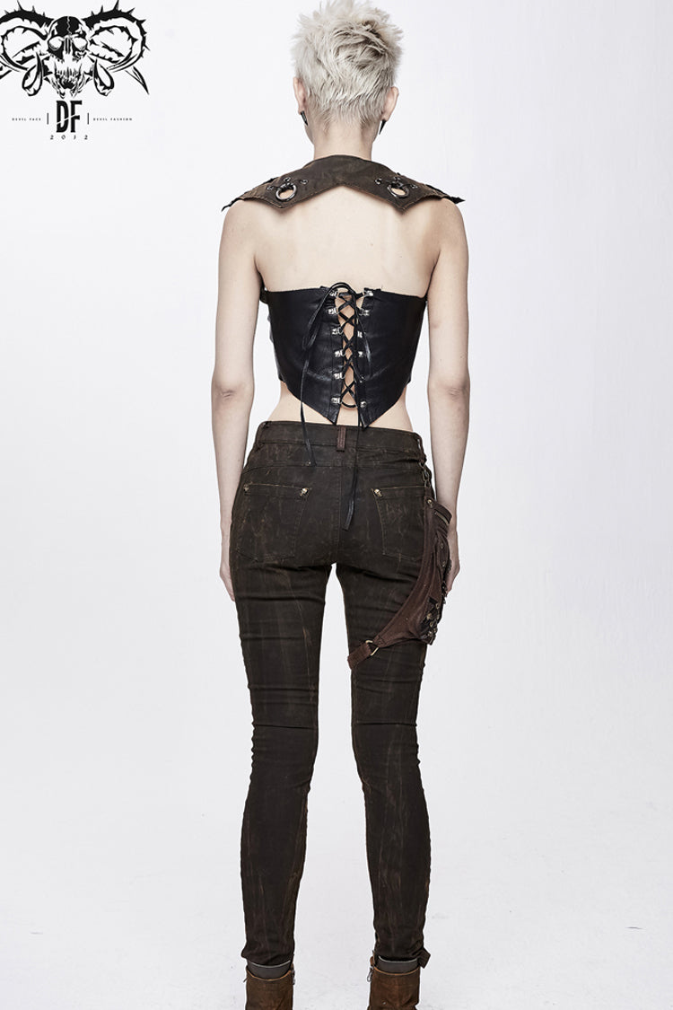 Brown Back Lace Up Raglan Sleeve Chest Hollow Loop Women's Punk Corset - Product - 7