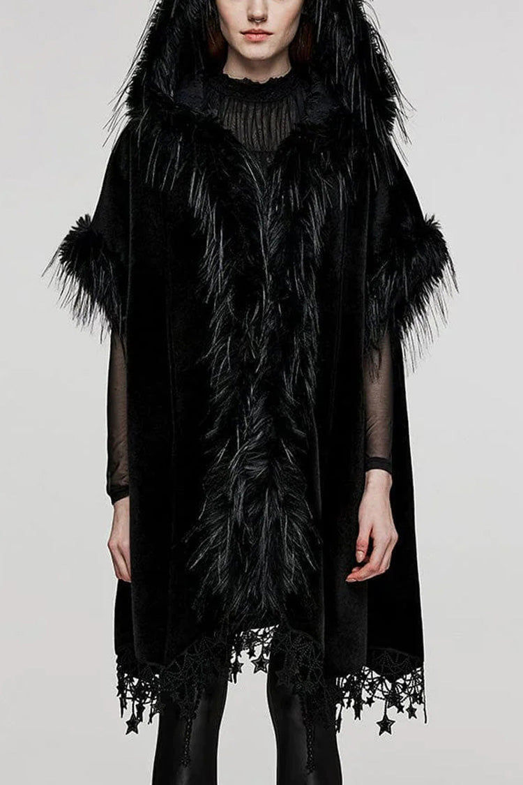 Black Bat Sleeves Tassel Faux Fur Stitching Lace Hooded Womens Gothic Elegant Cloak - Black - 1