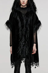 Black Bat Sleeves Tassel Faux Fur Stitching Lace Hooded Womens Gothic Elegant Cloak - Black - 1