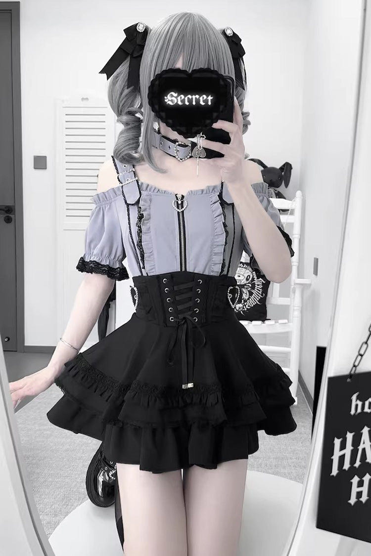 Jirai Kei [Heartbeat Buffy] Stand Collar Sleeveless Triple-Layered Ruffled Lace-Up Zippered Sweet Japanese Skirt and Blouse - Product - 8