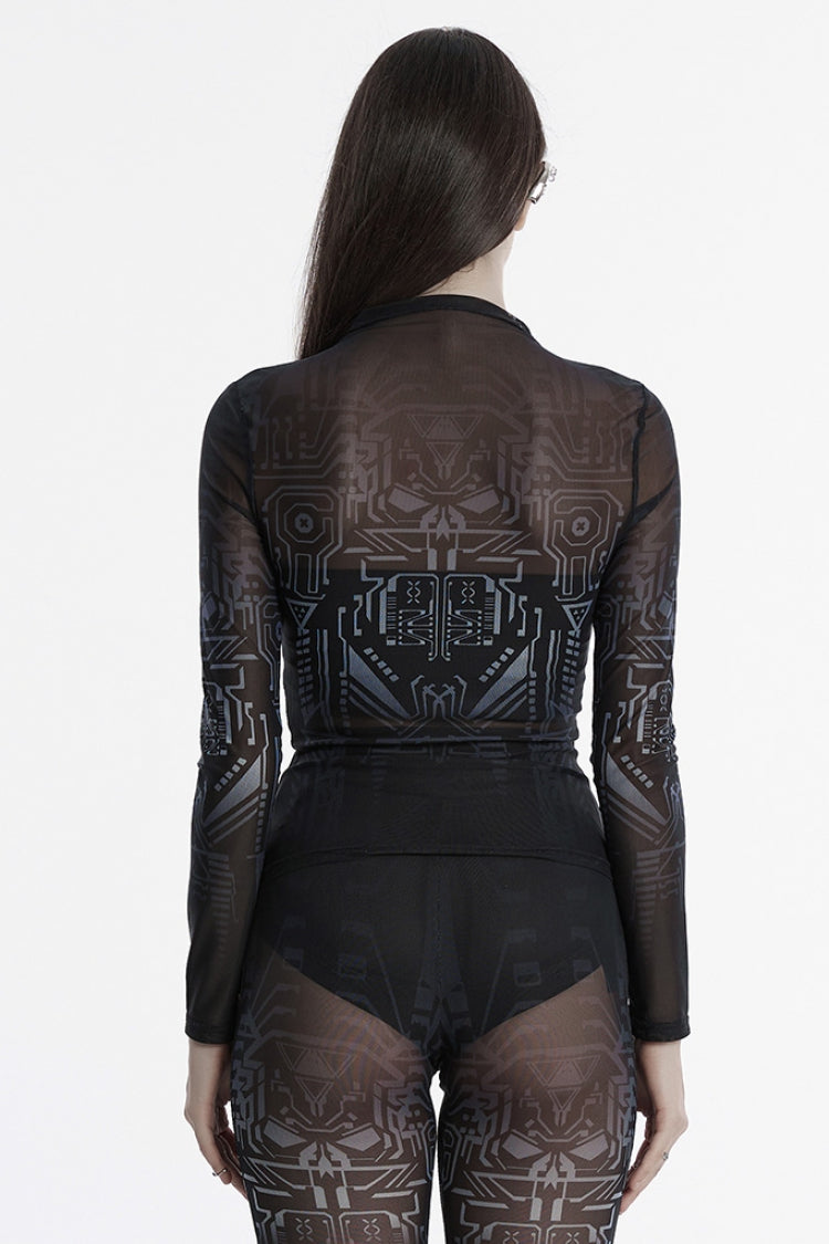 Black Long Sleeves Gradient Print Sheer Mesh Punk Women's Blouse - Product - 3