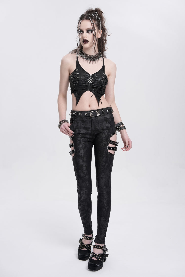 Black Print Cutout Buckle Women's Gothic Pants - Product - 6