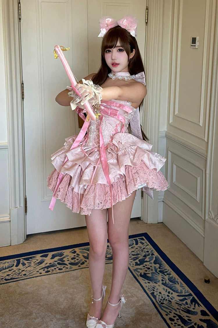 Pink [Kitten Sweetheart] Multi-Layered Ruffled Bow Lace-Up Princess Ballet Sweet Lolita Jsk Dress - Product - 6