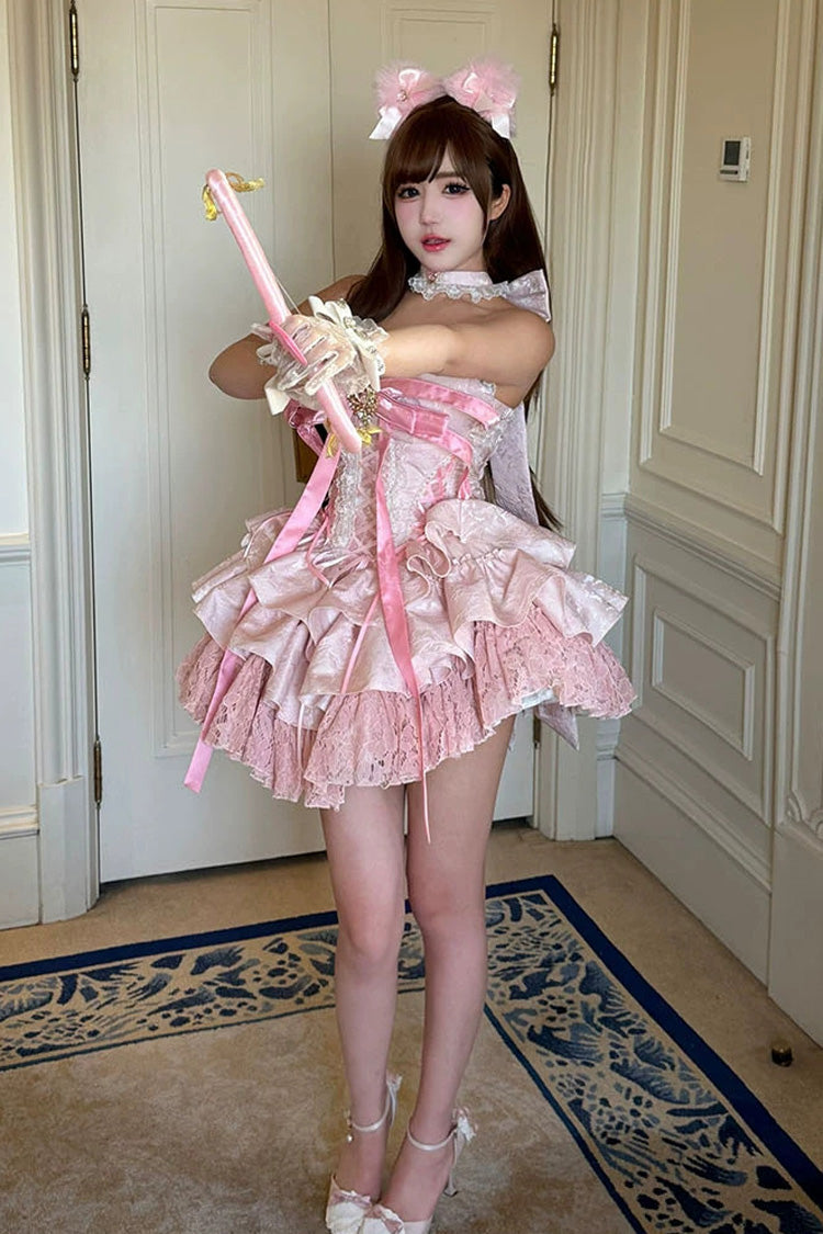 Pink [Kitten Sweetheart] Multi-Layered Ruffled Bow Lace-Up Princess Ballet Sweet Lolita Jsk Dress - Product - 6