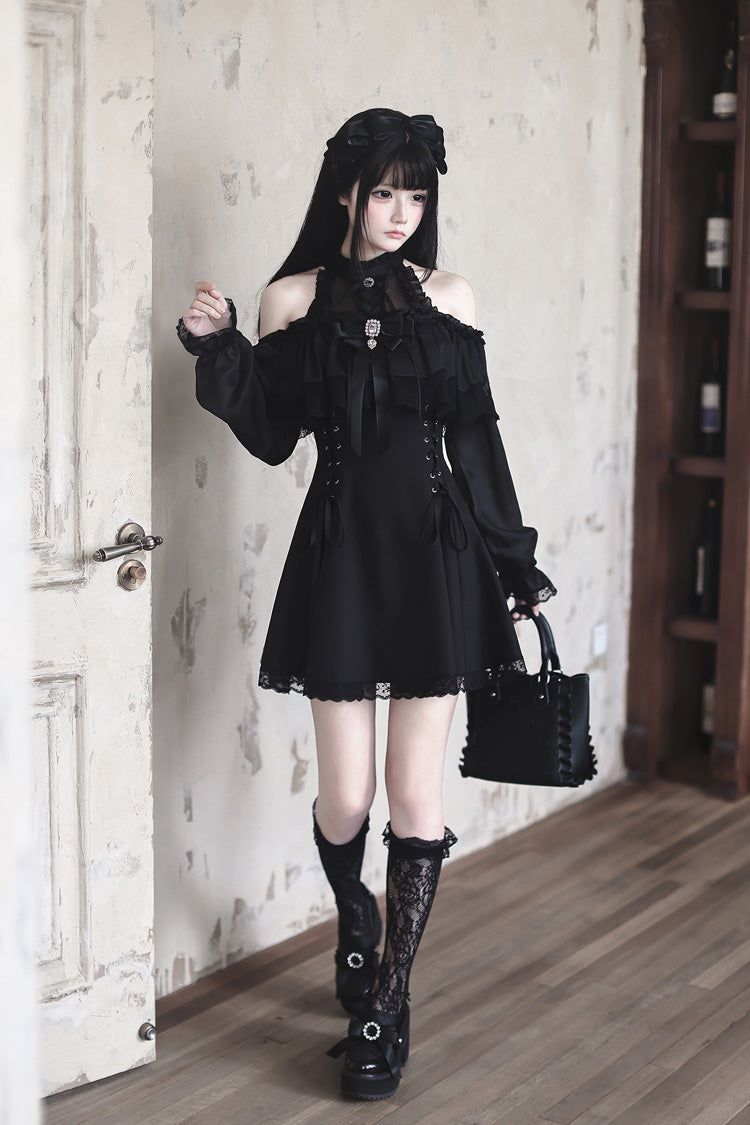 Black Off Shoulder Halterneck Long Sleeves Ruffled Bow Lace-Up Gothic Japanese Jirai Kei Dress - Product - 4