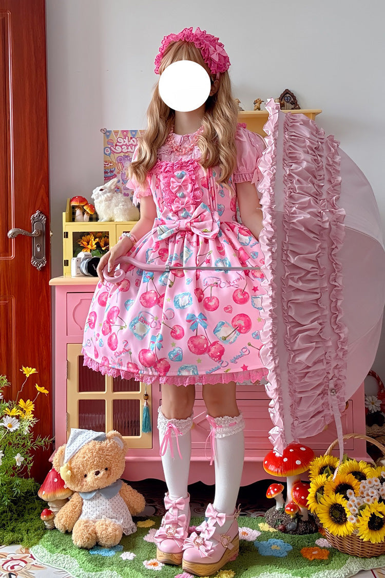 Pink [Cherry Sweet Ice] Print Ruffle Bowknot Lace Sweet Lolita Jsk Dress - Product - 2
