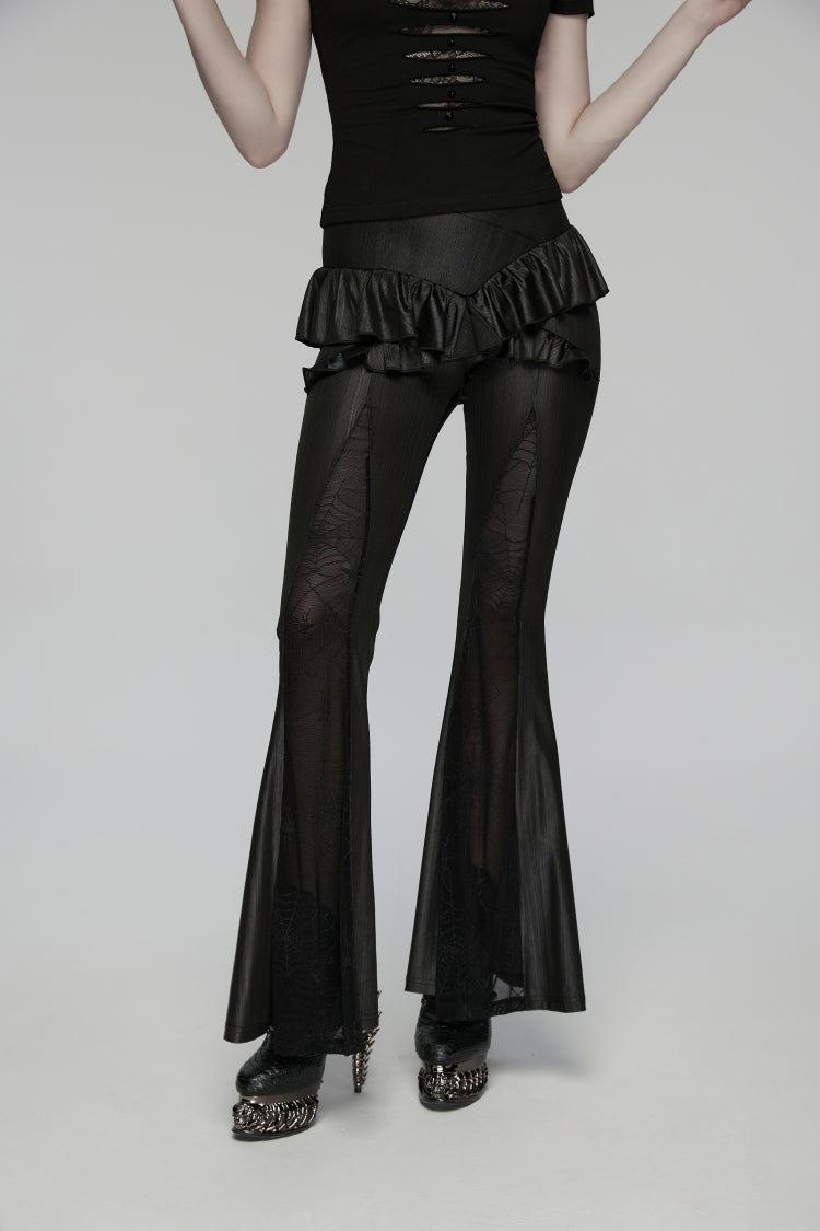 Black Ruffled Women's GothicRuffled Cobweb Pattern Flared Pants - Black - 1