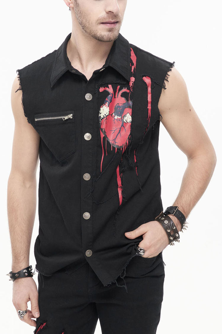 Black Punk Simple Everyday Stand Collar Print Sleeveless Men's Shirt - Black - 1