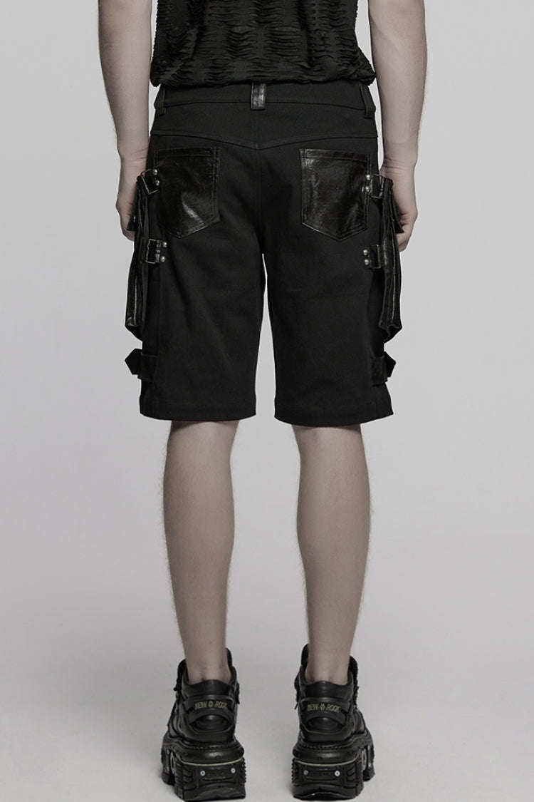 Black Big-pocket Faux Leather Stitching Men's Punk Shorts - Product - 3