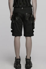 Black Big-pocket Faux Leather Stitching Men's Punk Shorts - Product - 3