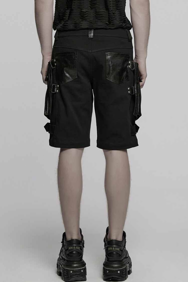 Black Big-pocket Faux Leather Stitching Men's Punk Shorts - Product - 3