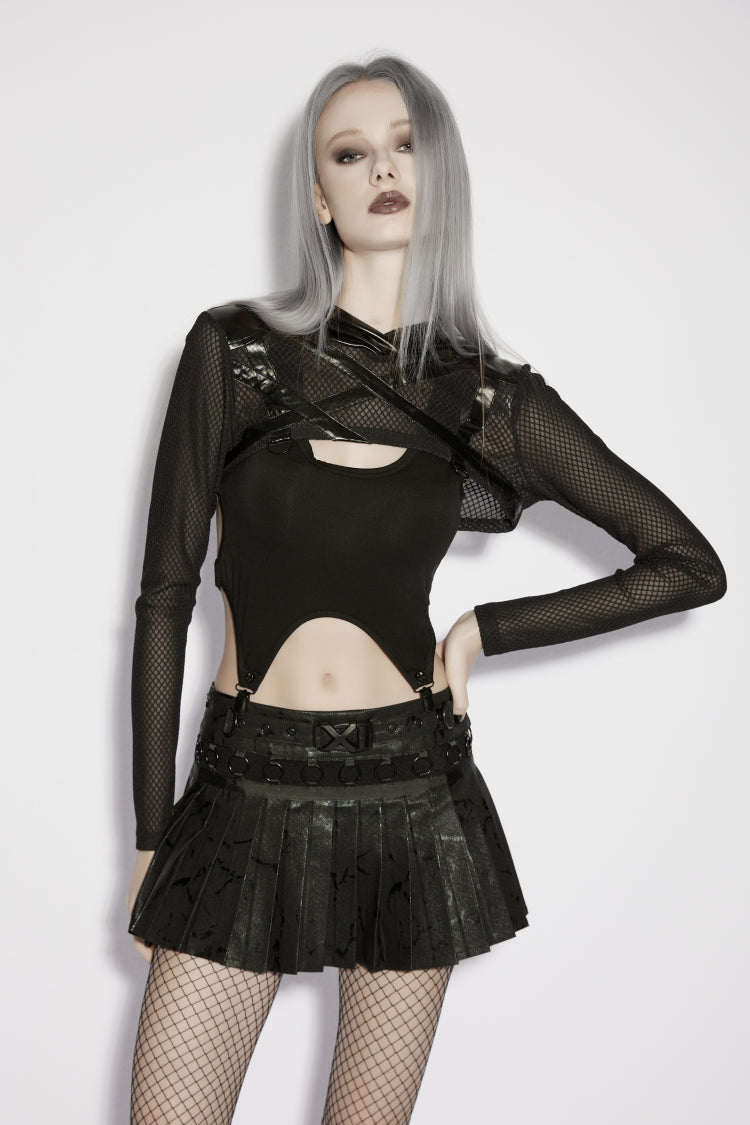 Black Hooded Sheer Mesh Eyelet Women's Punk Handsome Cloak - Product - 8