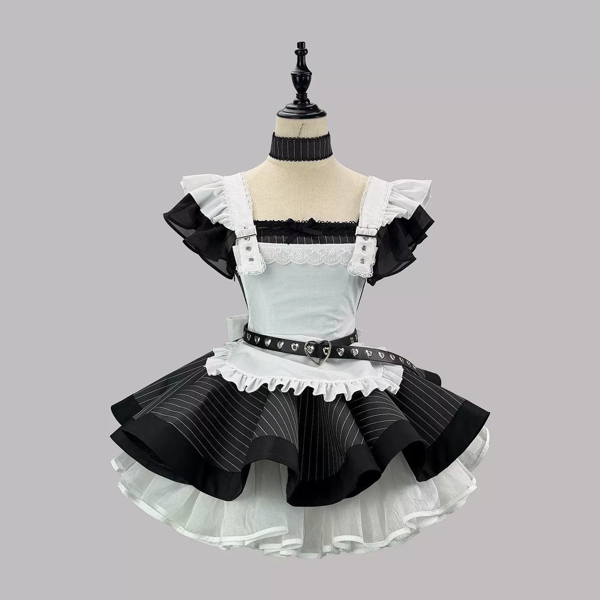 Black and White Striped Ruffled Lolita Dress with Belt Accent 商品画像