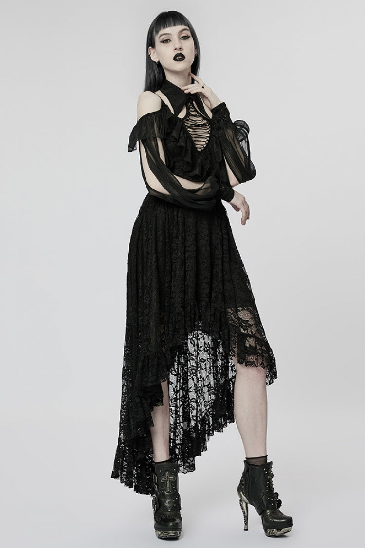 Black Off Shoulder Hollow Stitching Lace Irregular Women's Gothic Dress - Product - 4